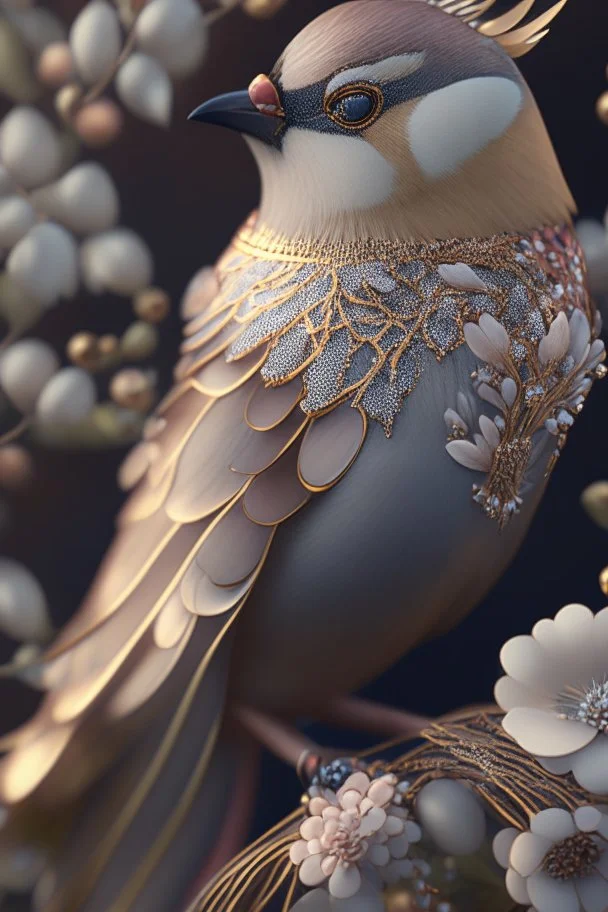 ethereal Bohemian Waxwing bird, Bombycilla garrulus :: intricate details, ornate, detailed illustration, Johanna Rupprecht style, William Morris style :: trending on artstation, octane render, 8k, high detail, smooth render, unreal engine 5, cinema 4d, HDR, dust effect, vivid colors