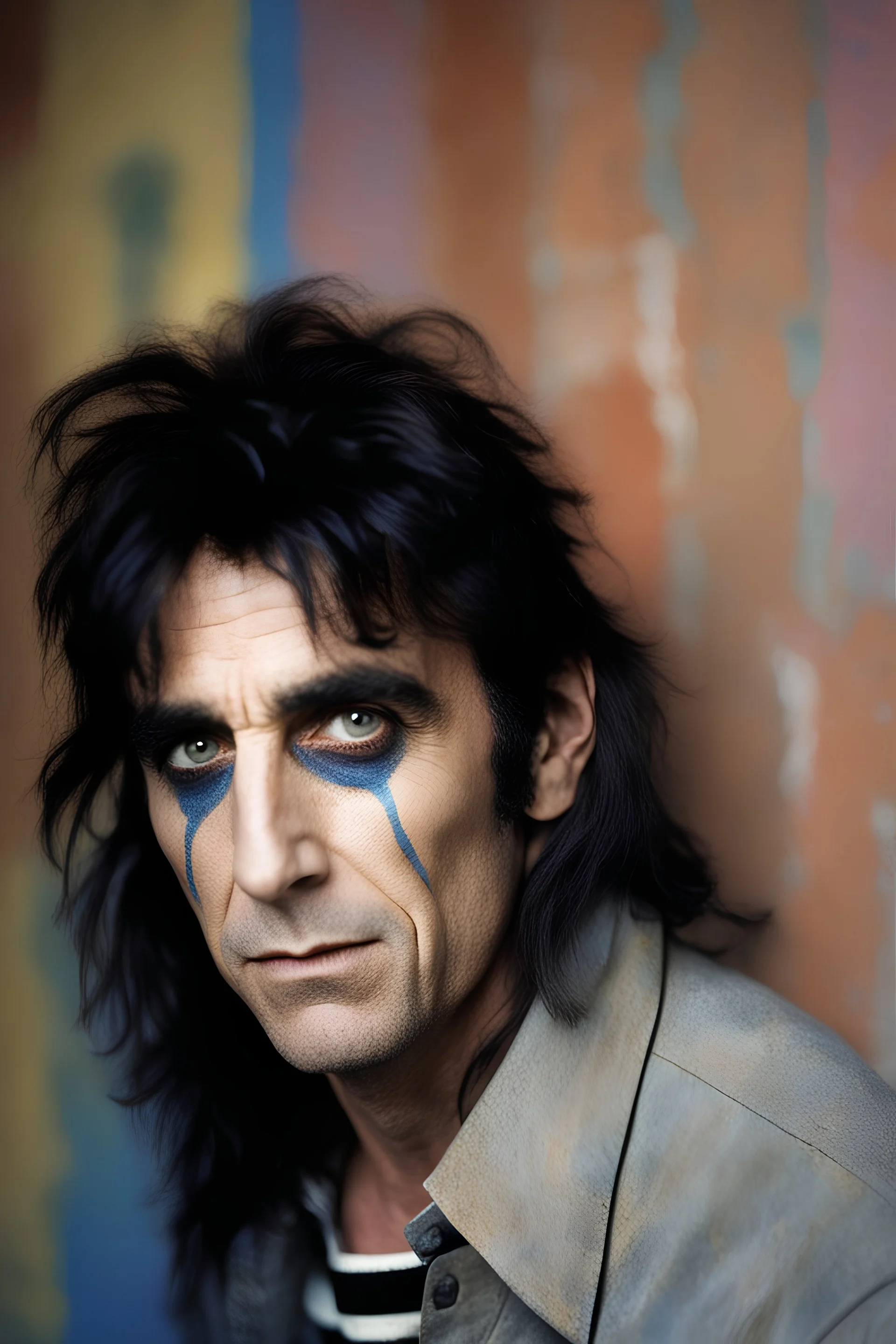 head and shoulders portrait, 20-year-old Alice Cooper - a multicolored cement wall in the background,