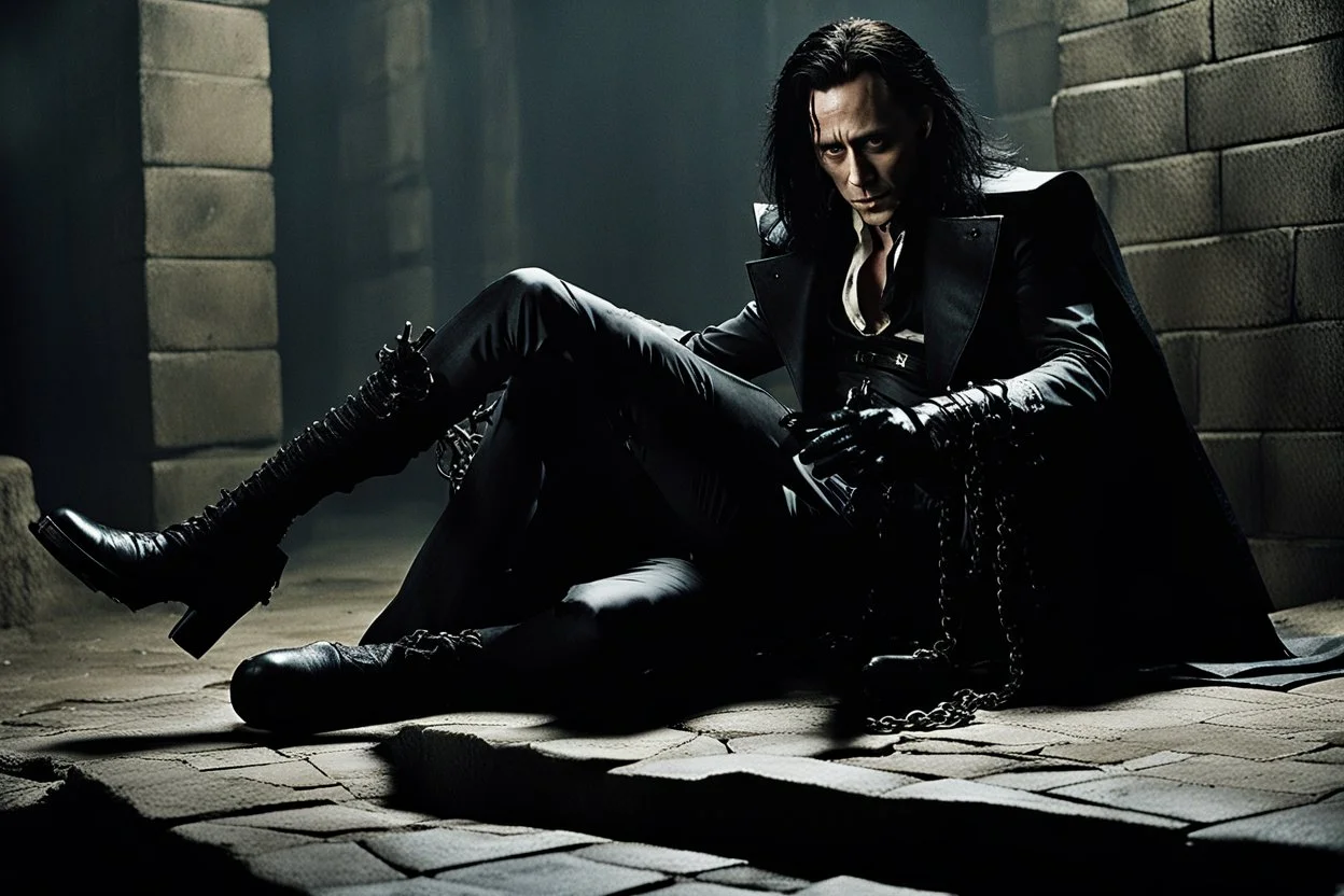Action shot of Tom Hiddleston as Alucard from the live action "Hellsing" movie based on the anime of the same name. He is sitting, arms chained to a dungeon wall. He appears to be little more than a desiccated corpse wearing black wrappings that cover all except his head, feet, and hands. His straight, black hair hangs to the floor. A vague smile is on his gaunt face.