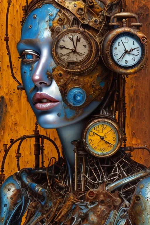 an abstract painting of rusted clocks, by lucian freud, rust, scaffolding, iron cladding, decay, mixed media, textured, anatomically correct, beautiful woman perfect face, blue eyes, sharp focus, highly detailed