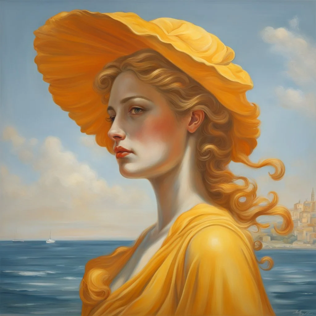 Neoclassicism realistic yellow orange cote d'azur sea woman