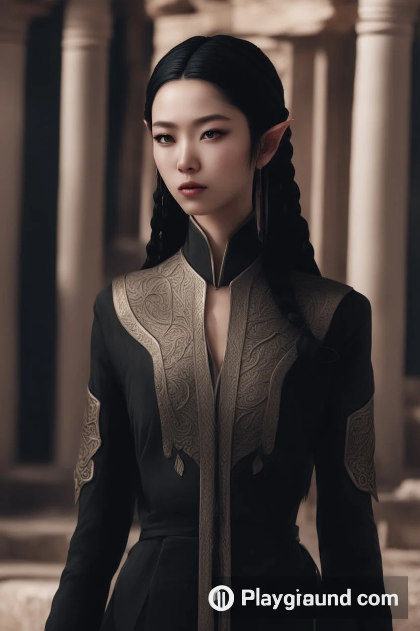 beautiful oriental female elf with pointed ears and long black braids