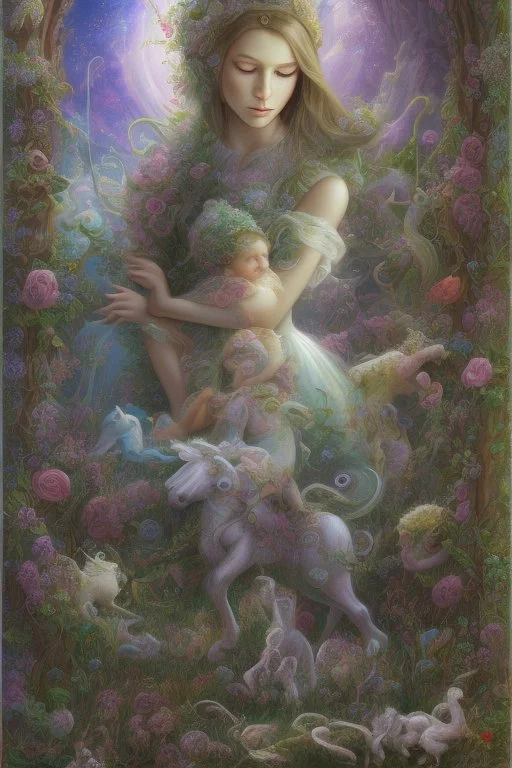 Octodream of flower meadowv with9 child girl sleeping and a unicorn