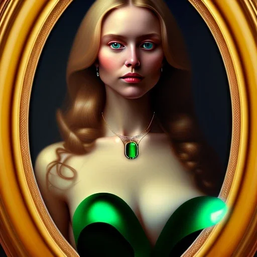 oil Portrait of a Dark Blonde long haired beautiful busty voluptous adult woman with emeralds necklace with Very big Green sad eyes looking to viewer by GRANT WOOD Ingres 8k