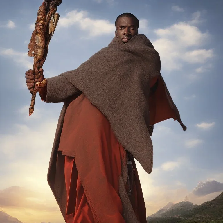 dungeons and dragons, monk, black, african, portrait, face, close up, cloak, clothes, cape, brown fabric, sunset, red sun, single person