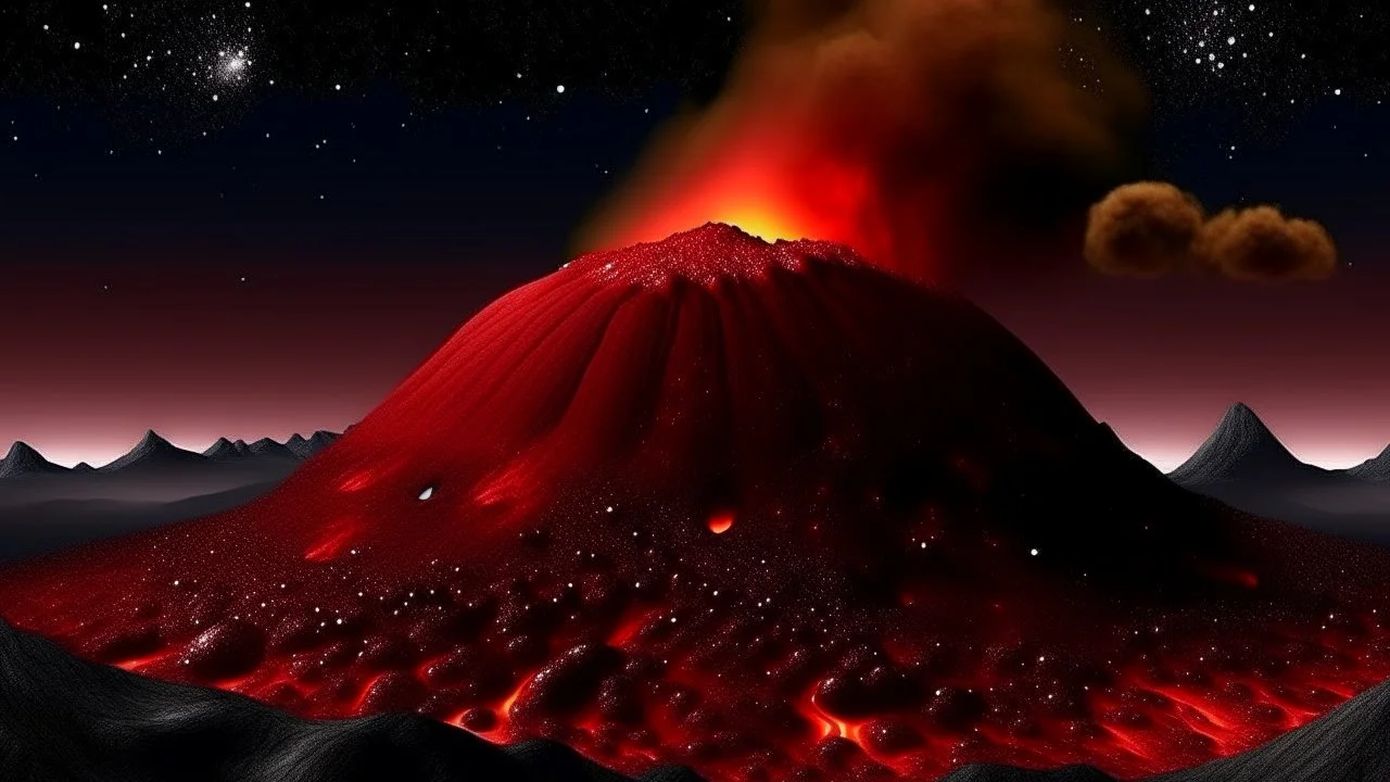 A dark red volcano with crashing meteors designed in ancient Greek pottery