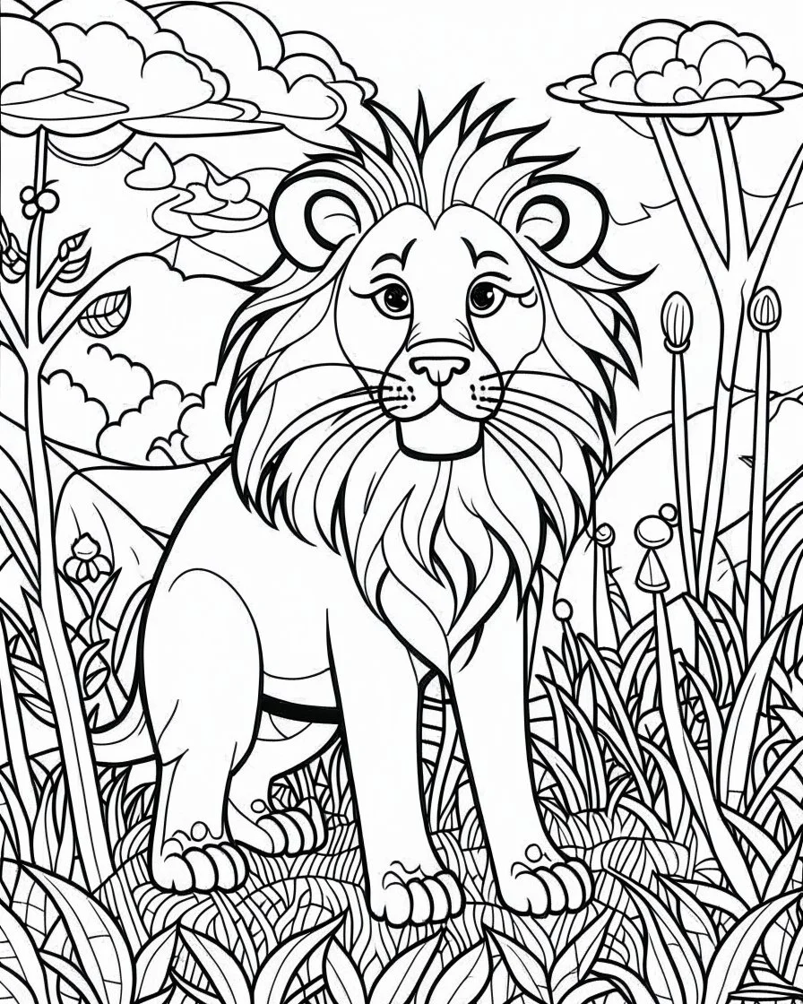 create a 2d black outline, "safari lion coloring book for kids ", coloring page, low details design, black contour, coloring page design, simple background, colorful , card style, coloring page for kids, white background, sketch style, cartioon style, safari landscape