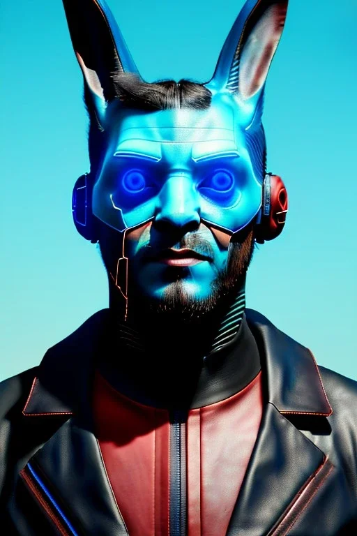 Medium Close Up Portrait, Front image. cyberpunk, rabbit mask, irish man, black hair. leather suit. blue, red, color. Ghost in the shell style. Color background, photo studio. Avatar image, highly detailed, concept art, smooth, unreal engine 5, god rays, ray tracing, RTX, lumen lighting, ultra detail, volumetric lighting, 3d, finely drawn, high definition, high resolution.