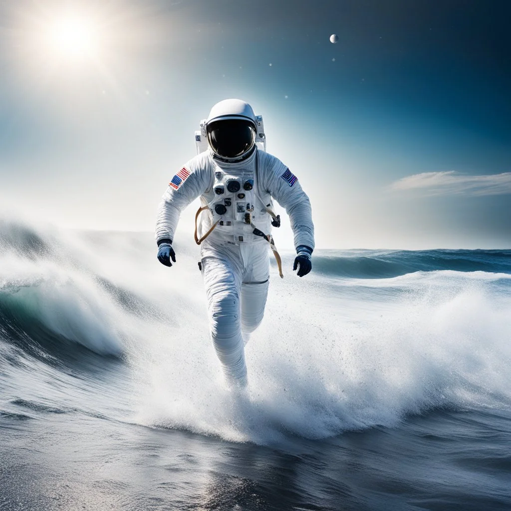 Return from the Cosmos is a striking image of an astronaut emerging from the ocean waves, symbolising the link between space exploration and our blue planet. Dressed in his white spacesuit, the astronaut strides resolutely towards the beach, the water splashing around him in a dynamic and realistic scene. The contrast between the infinity of space and the immensity of the ocean evokes both adventure and reflection on our place in the universe. This captivating scene, bathed in natural light, hig