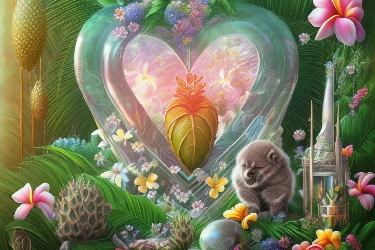 Tropical flowers, realistic heart drawing, crystals, tropical leaves, sacred altar, Fantasy home, cute animal.