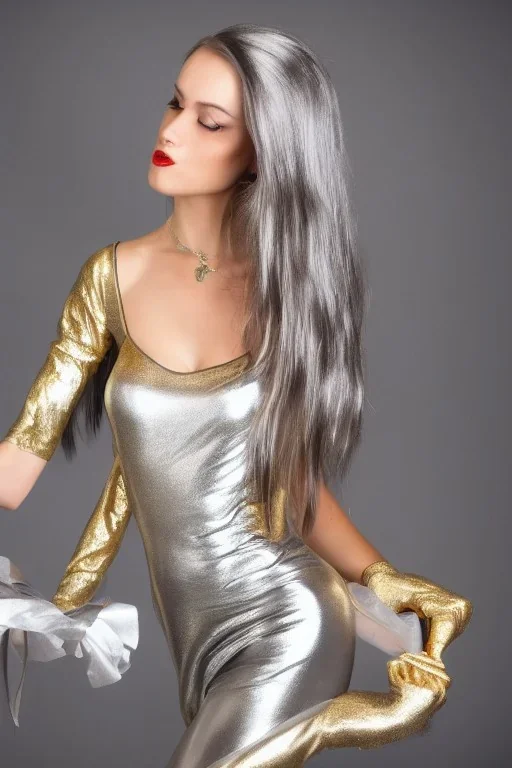 Beautiful perfect perfectly centered photorealistic lady, silver and gold French maid outfit long hair, shiny metallic silver hair, full-body portrait by Reisha Perlmutter, Rudy Nappi, medium shot