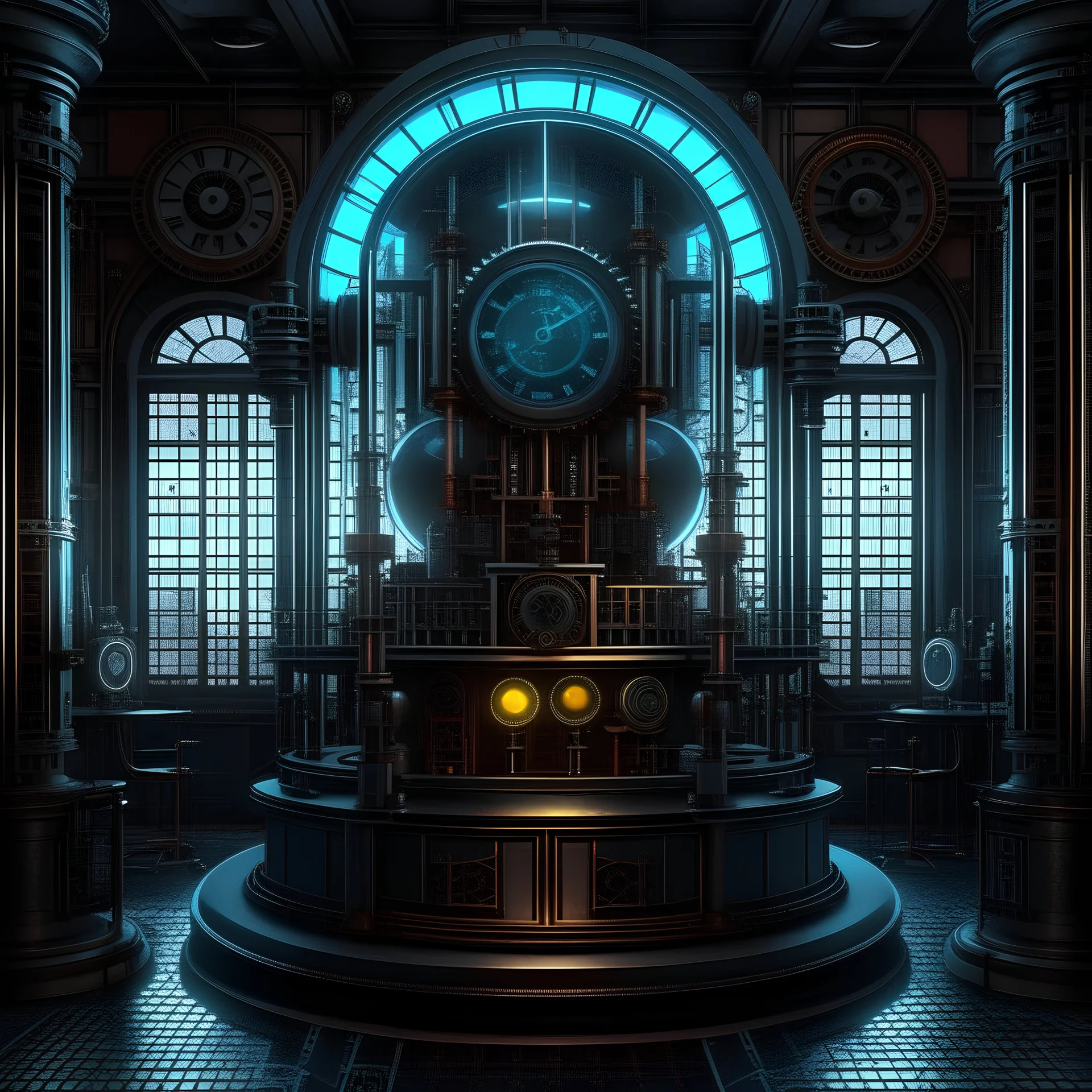 Expressively detailed and intricate 3d rendering of a hyperrealistic “time machine laboratory”: front view, symetric, artstation: award-winning: professional portrait: atmospheric: commanding: fantastical: clarity: 16k: ultra quality: striking: brilliance: stunning colors: amazing depth: masterfully crafted.
