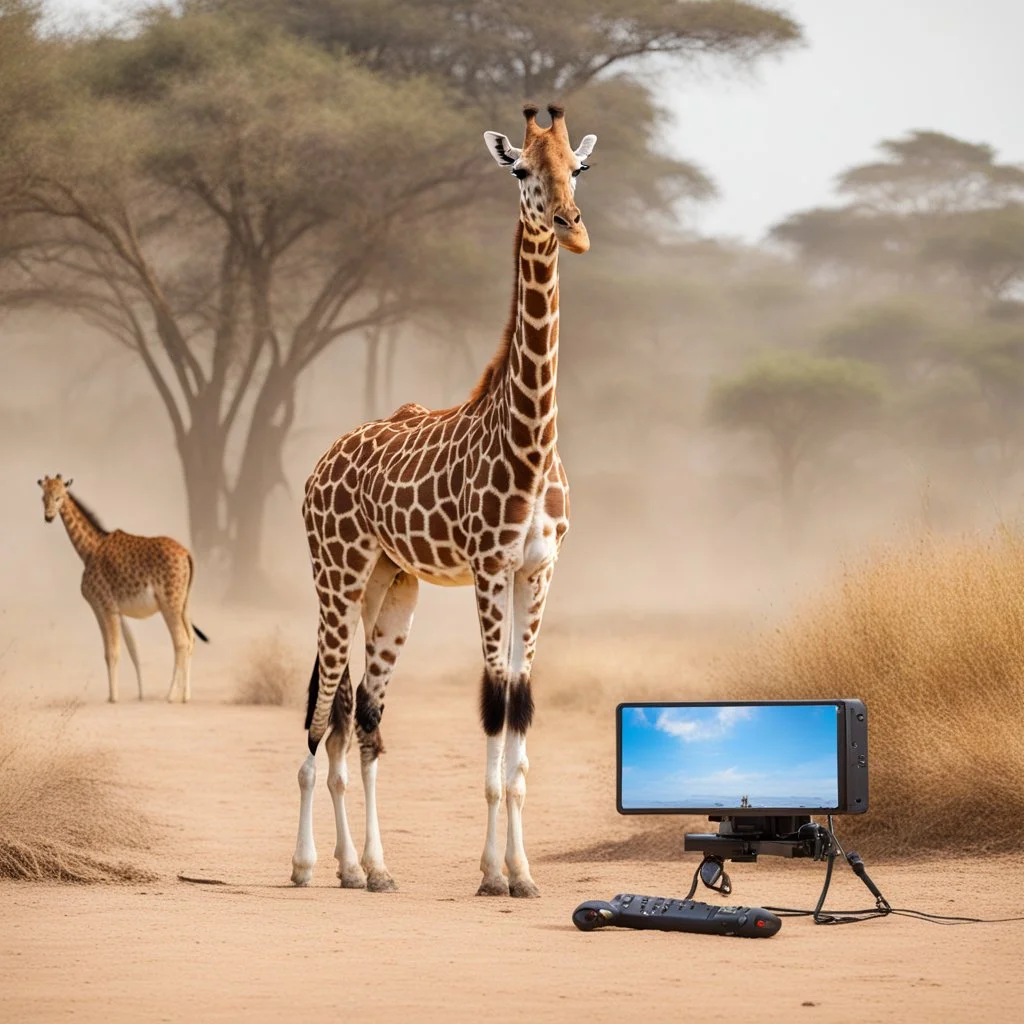 the giraffe shows off with its remote control, in front of the lion