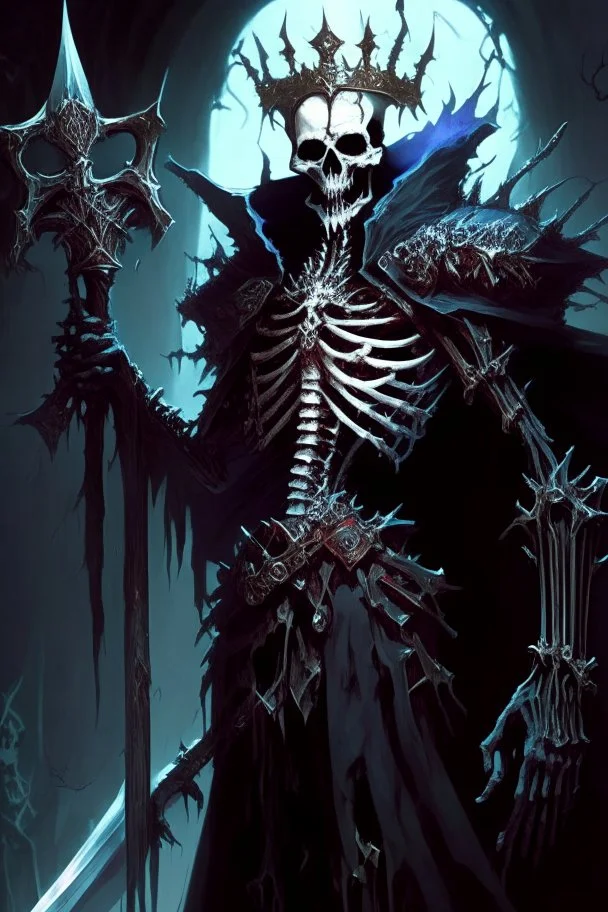 a demonic looking man with a sword in his hand, undead skeleton king, skeleton king, overlord season 4, ainz ooal gown, prince crown of black gears, the king of death, king of time reaper, overlord, lich vecna (d&d), dark and forboding, from overlord, scary knight, large black smile Overlord