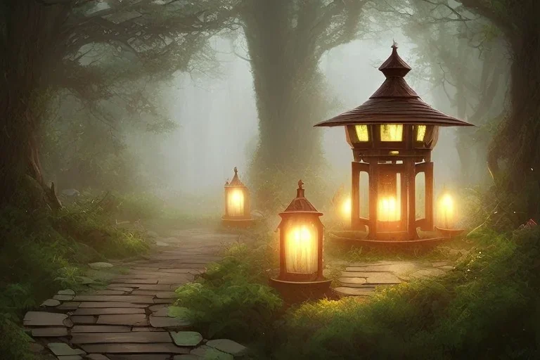 wooded forest stone lantern path