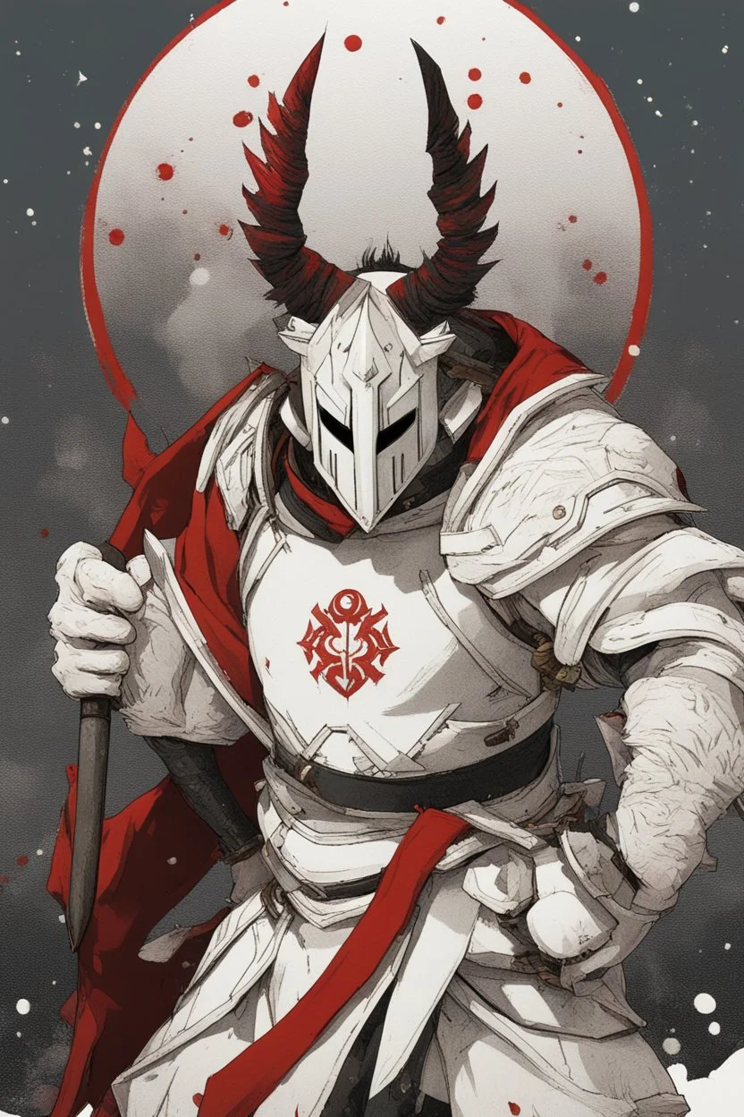 The character, depicted in a striking white armour against a wintry backdrop stands with his hands behind his back inside the scene, he has a red and black circular symbol on his chest like a shield, a black pointed spear with a red handle on his back, His eyes are showing a dynamic expression and he wears a black oni mask with white teeth covering the bottom part of his mouth he has brown shoulder pads and a white belt with a bag attached to it. He has dark brown hair, he does not wear a helmet