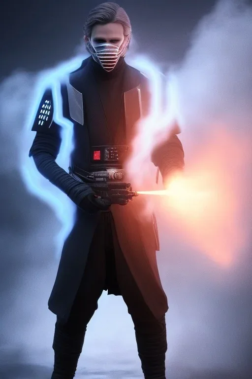 All Black Anakin Skywalker soldier, ghost, wearing high tech mask, white smoke, dark, rage, sorrow, high definition, ultra 8 k, volumetric lighting, blue fire, fog