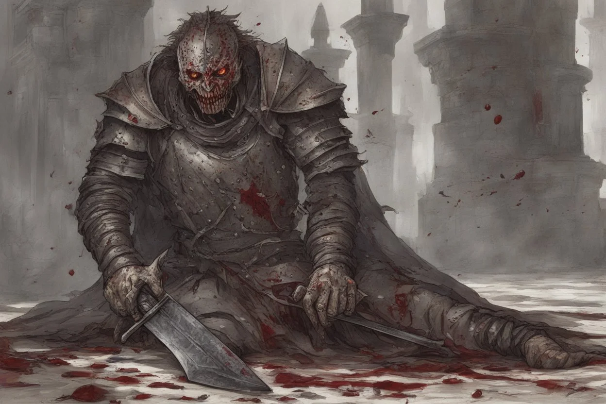 a hideous undead warrior. guts hanging out. chain mail fussed to skin. blood. bile. melted fat. broken bones. bleeding eyes. fangs. intense horror.