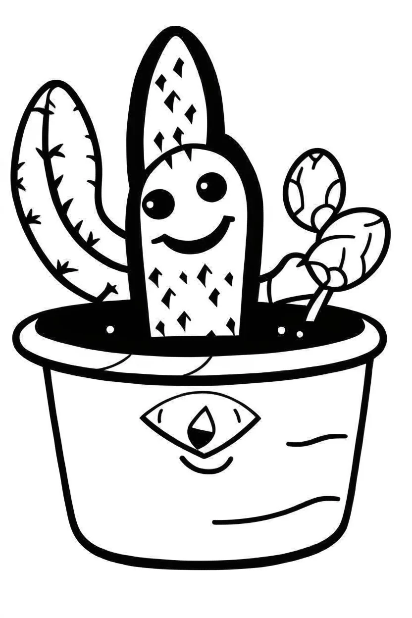 coloring page, Very Simple, very Bold outlines, black and white, no shadows, cactus in a pot