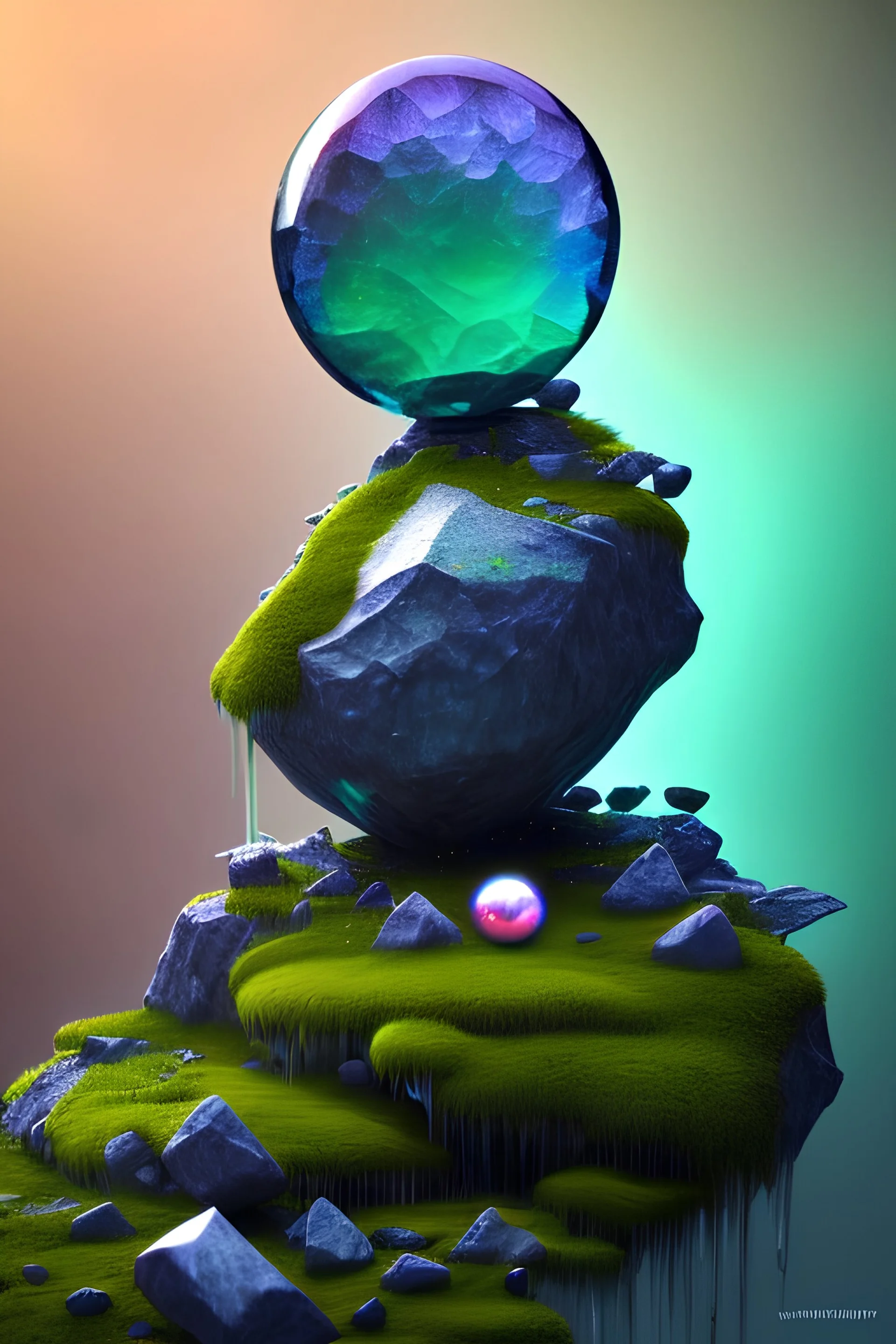 hedjuk, crystalline, renderin, room, cosmic, opalescent, 100mm, opalescent, gemstones, crystals, object, other worldly,rock, moss,bright