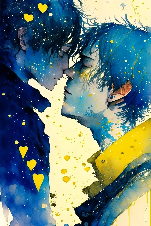 portrait anime man kissing man, ,yellow, stars hearts water, blue, watercolor, Yoshikata Amano, Edwin Landseer, Ismail Inceoglu, Russ Mills, Victo Ngai, Bella Kotak, hyperdetailed 8K resolution HDR DSLR, ultra detailed, ultra quality, CGSociety, intricately detailed, color depth, gliter, kiss