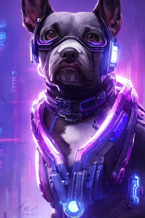 a beautiful portrait of a cute cyberpunk dog by greg rutkowski and wlop and sandra chevrier, purple blue color scheme, high key lighting, volumetric light, digital art, highly detailed, fine detail, intricate, ornate, complex, octane render, unreal engine, photorealistic