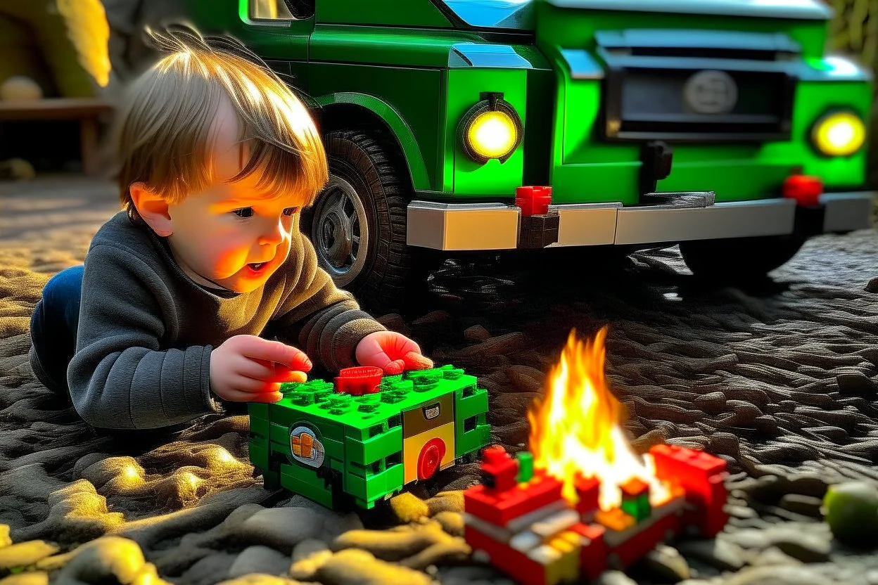 A crying toddler takes a burning car out of a LEGO box marked Land Rover next to the Christmas tree.