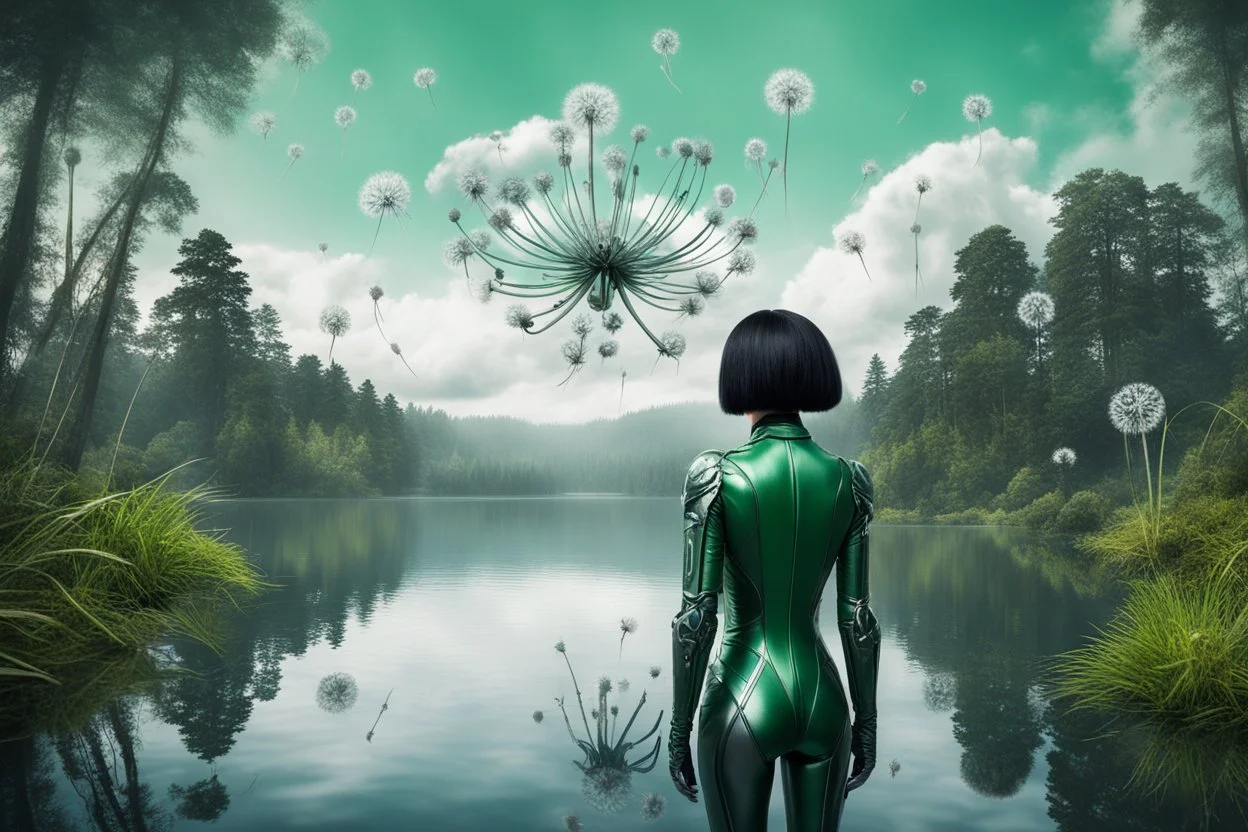 Photo of a skinny woman with a black bob hairstyle, in a green and silver android suit, looking at flying dandelion heads with octopus tentacles looking out over a lake, in an alien forest, with tall narrow cloud trees