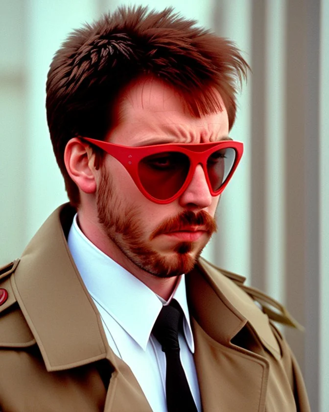 a young man who looks like hans gruber wearing a heavy coat and red sunglasses staring with an irritated look on his face