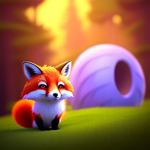 cute little Fox with big, round He lives in a purple nest in the forest and loves to go out and greet the animals he meets along the way. curious and helpful