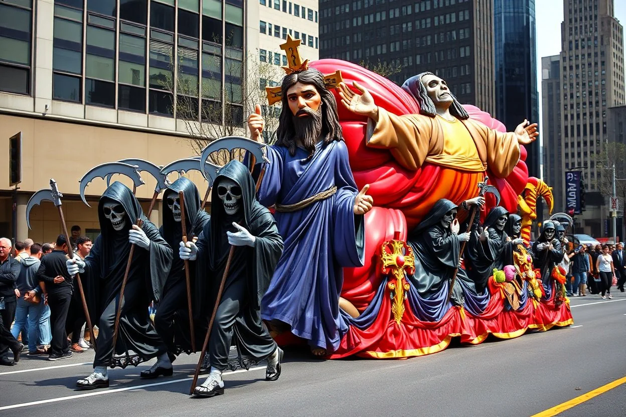cartoonish jesus parade balloon pulled by multiple grim reapers, multi colored, bright, vivid, psychedelic, high detailed, high gloss, insanely detailed, matte, horrorcore, lining the street, unsettling contrast, monument to death, live action shot grim reaper parade, pulling a jesus parade float