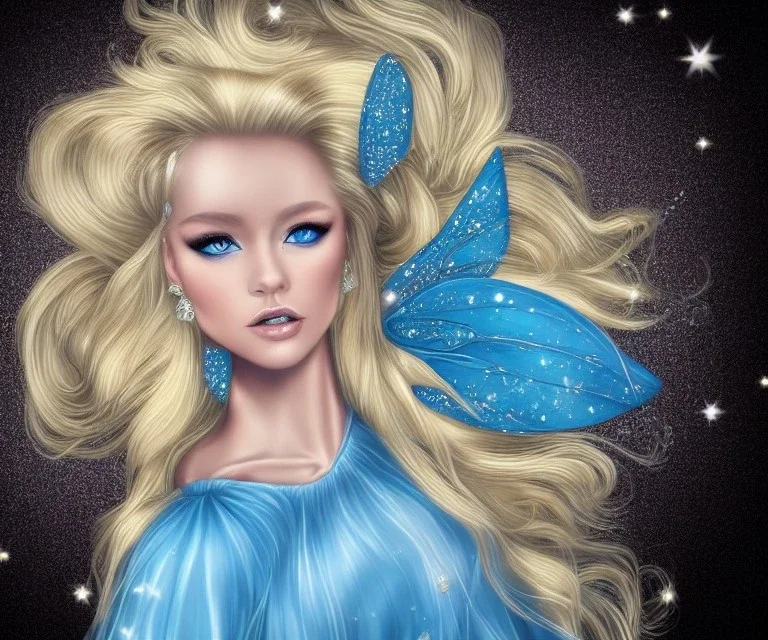 portrait of a beautiful blond woman fairy with long hair blue eyes and sparkling dress with diamonds