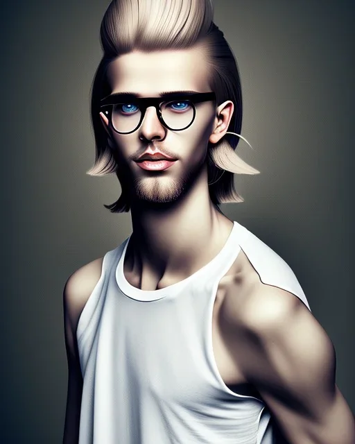 a tall guy who is skinny and scrawny with blond hair and blond beard. his hair is to the left side and he wears glasses. he is wearing a white t-shirt, black jeans and has straight teeth and brown shoes