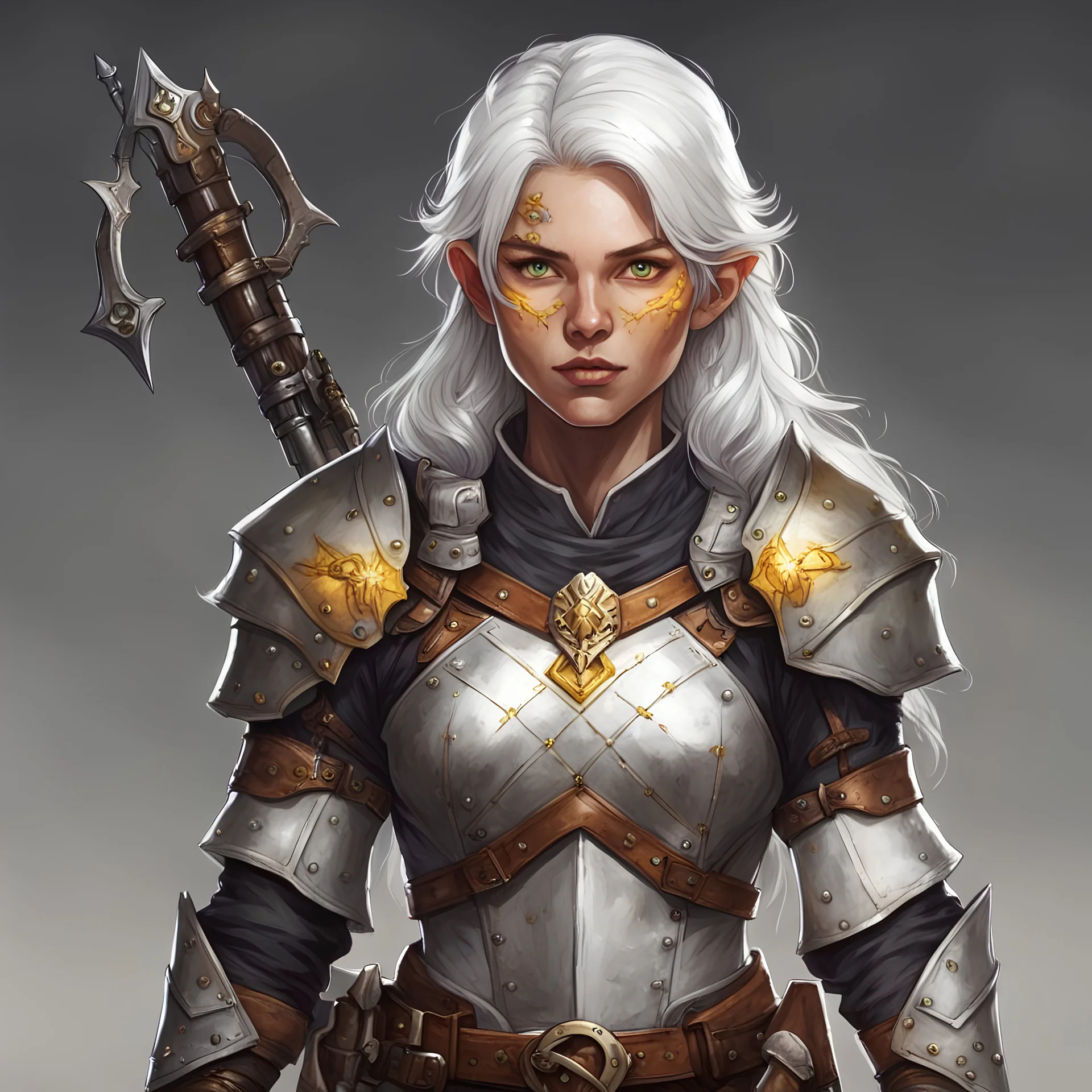 Generate a dungeons and dragons character; a female charlatan . She has silver white hair and yellow golden eyes with freckles . she is wearing leather armor and has a light crossbow, show fully body