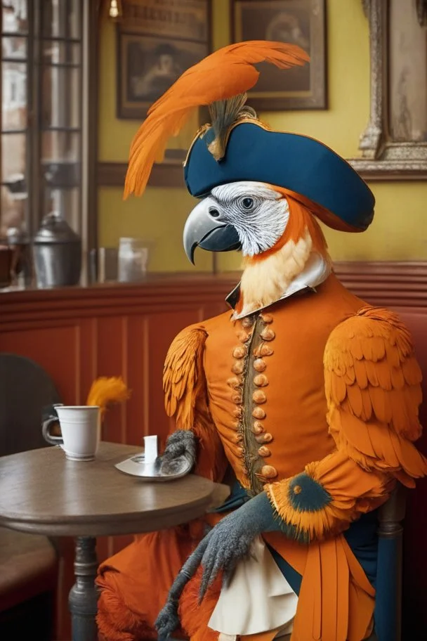 Half parrot half human in a 1700s Orange Dutch uniform in a Dutch cafe