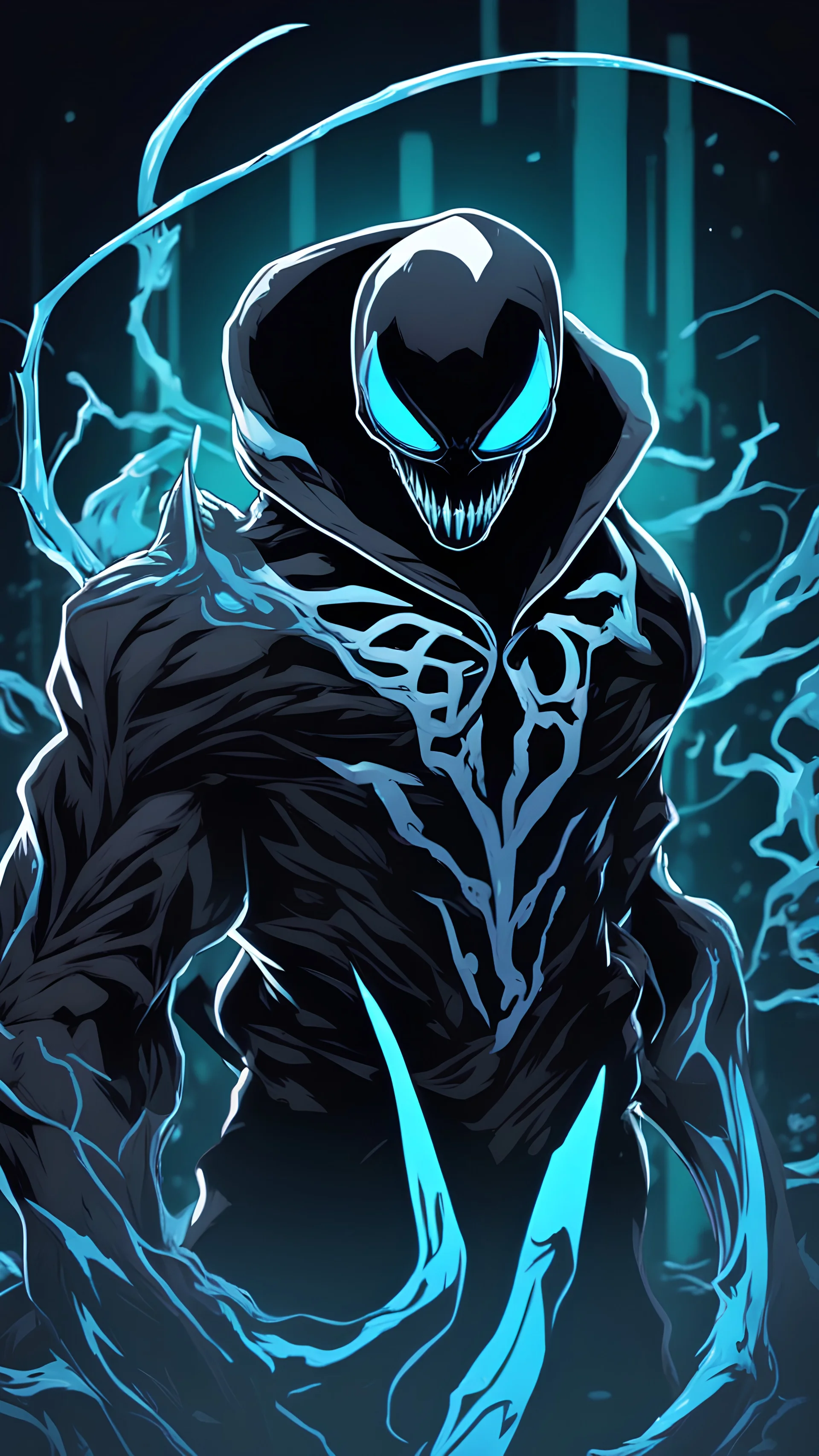 Mix between venom symbiote and Reaper in solo leveling shadow style with neon glowing blue