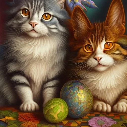 prompt, Fantasy harlequin cats by Louis Wain, by Catherine Abel, by Gediminas Pranckevicius, fantasy, oil on canvas, beautiful, high details, ultra detailed, crisp quality, colourful, high definition