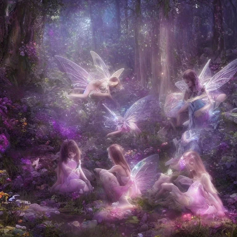 subtle and luminous fairies in magical environnement