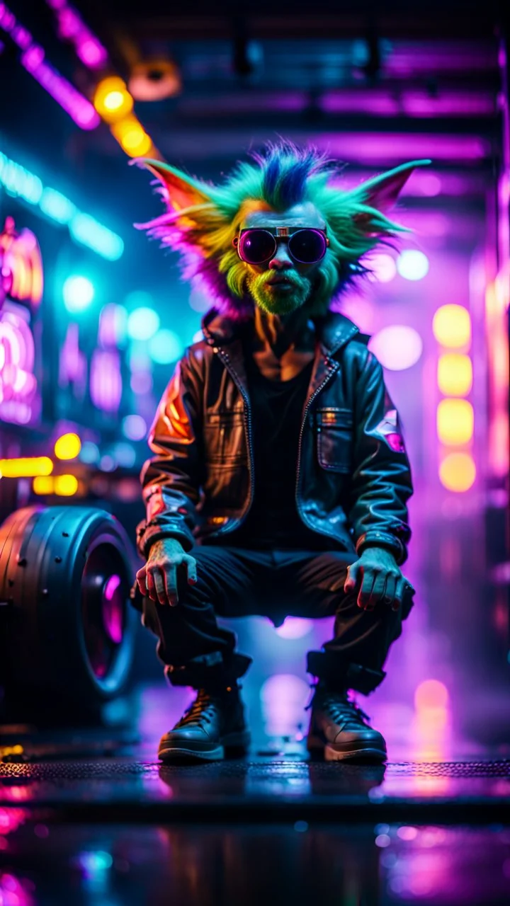 bw portrait of Hairy Gremlin pimp ninja yoga cyber punk in flying hipster tractor parked in dark neon lit reflective misty wet arcade hall tunnel,bokeh like f/0.8, tilt-shift lens 8k, high detail, smooth render, down-light, unreal engine, prize winning