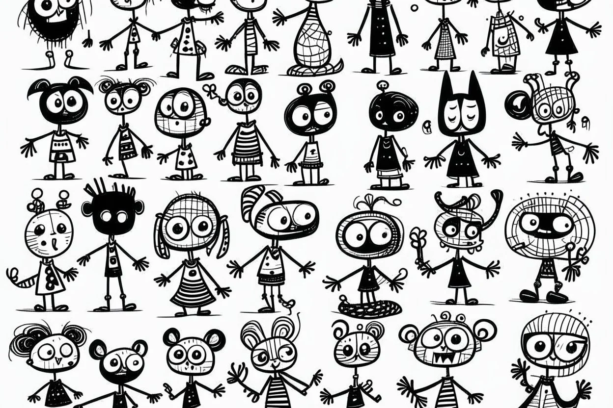 make a bunch of simple hand-drawn spooky and cute cartoon characters with bodies arms, and legs I could draw and make them all different make them looks like the 50s and 60s cartoon art