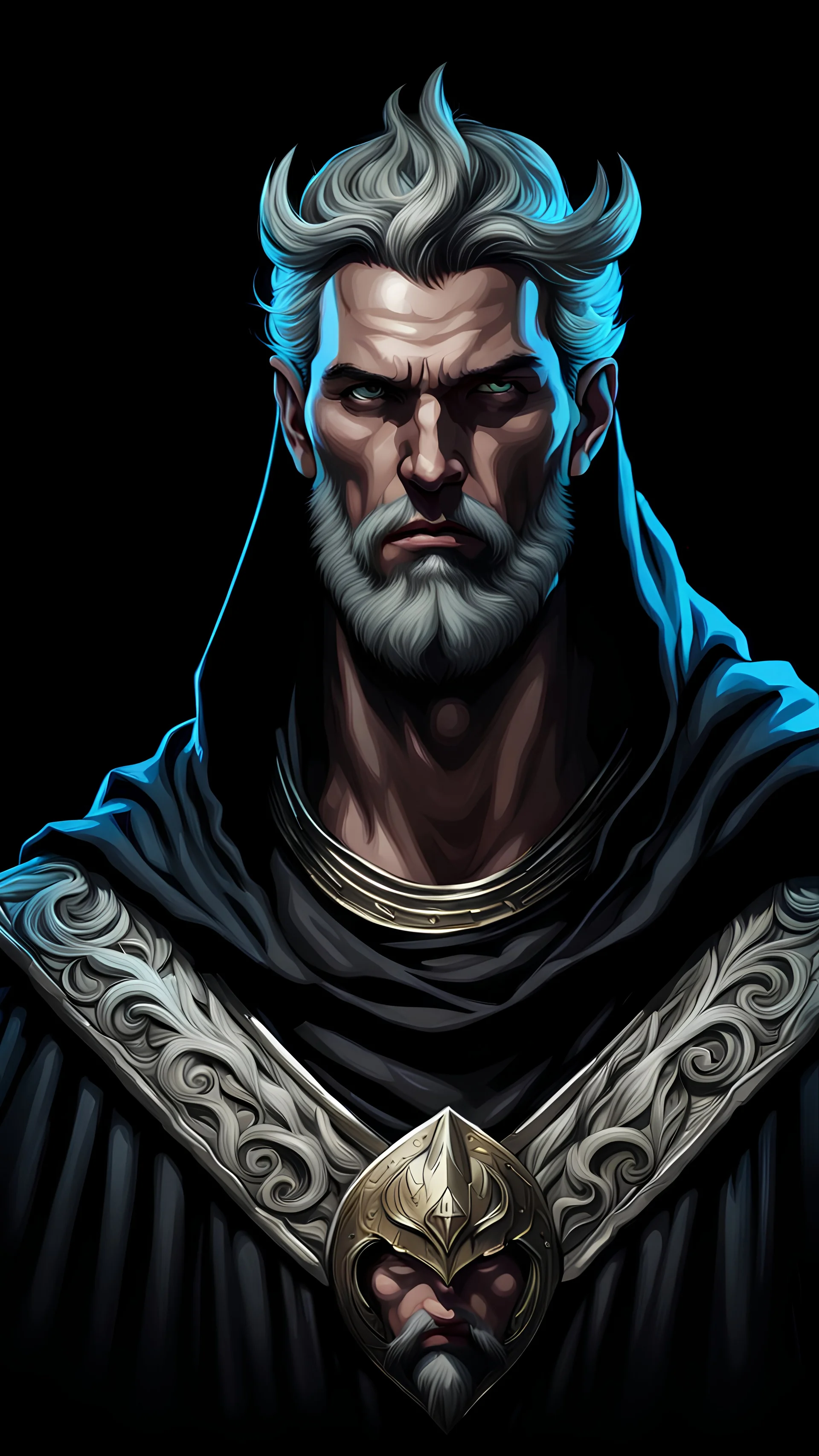 Portrait of fury God in saint mantle on black background in realistic style