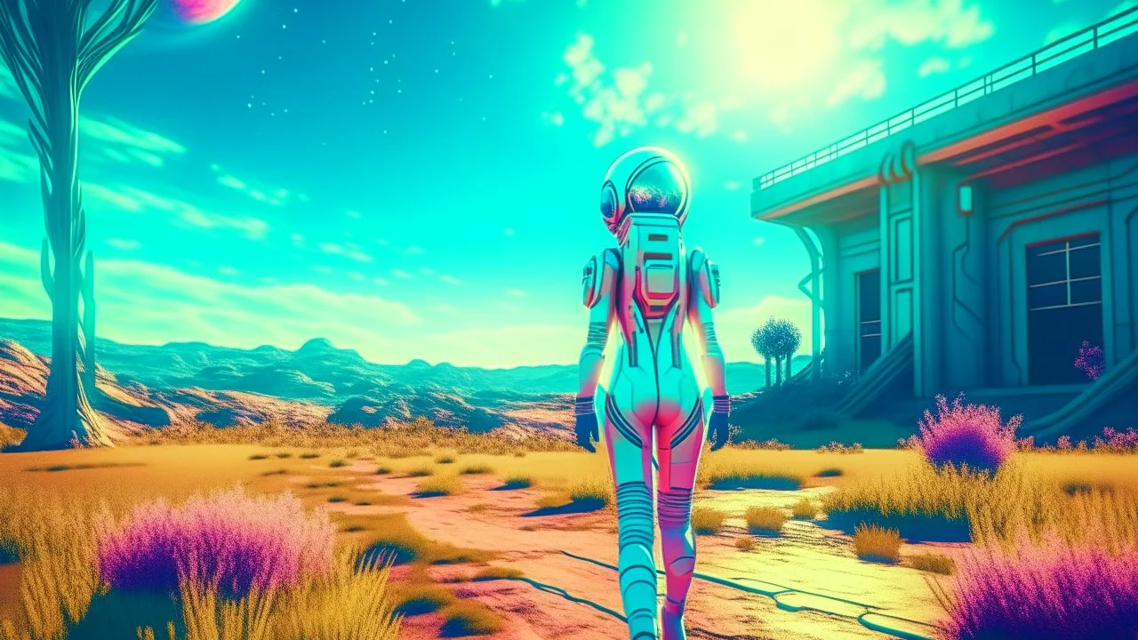 A slim woman in an open-faced space suit walking through an alien landscape towards a building, with strange alien buildings, strange surreal plants, photorealistic, Deep Colour, Intricate Detail, sunshine, blue sky