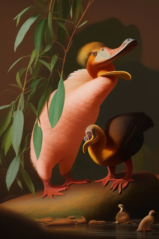 John James Audubon-like illustration of a fully uncropped Dodo bird and a Platypus in a landscape of warm yellows, warm reds, and warm blues