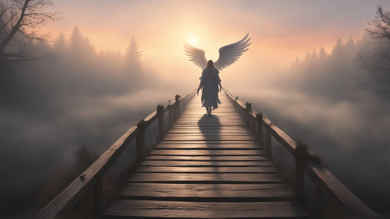 walking straight ahead over a wooden bridge, holding the angel of death with your right hand, entering the fog at the end of the road that leads to the afterlife, a stream from the mountains flows from the right and left, and a beautiful sunset behind the fog, realistic