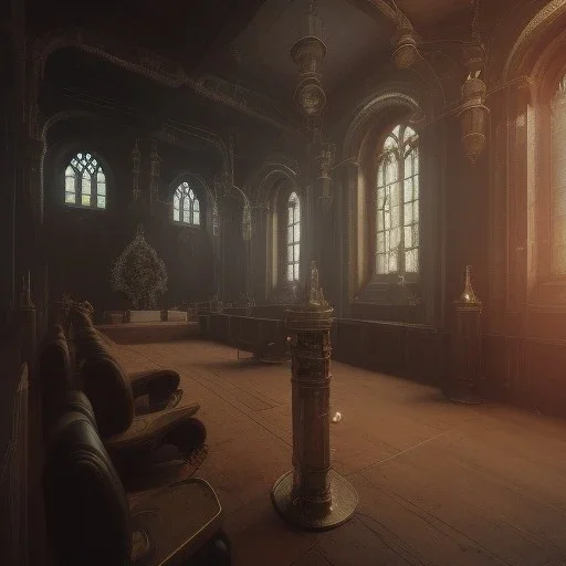 on old church interior full with people, scary, steam punk, realistic, made in octane, cinematic, ultra-realistic, extremely detailed octane rendering, 8K, VRAY Super Real ar 2:3, dof photorealistic futuristic 50mm lens hard lighting dark gray tintype photograph, realistic lighting, sepia color