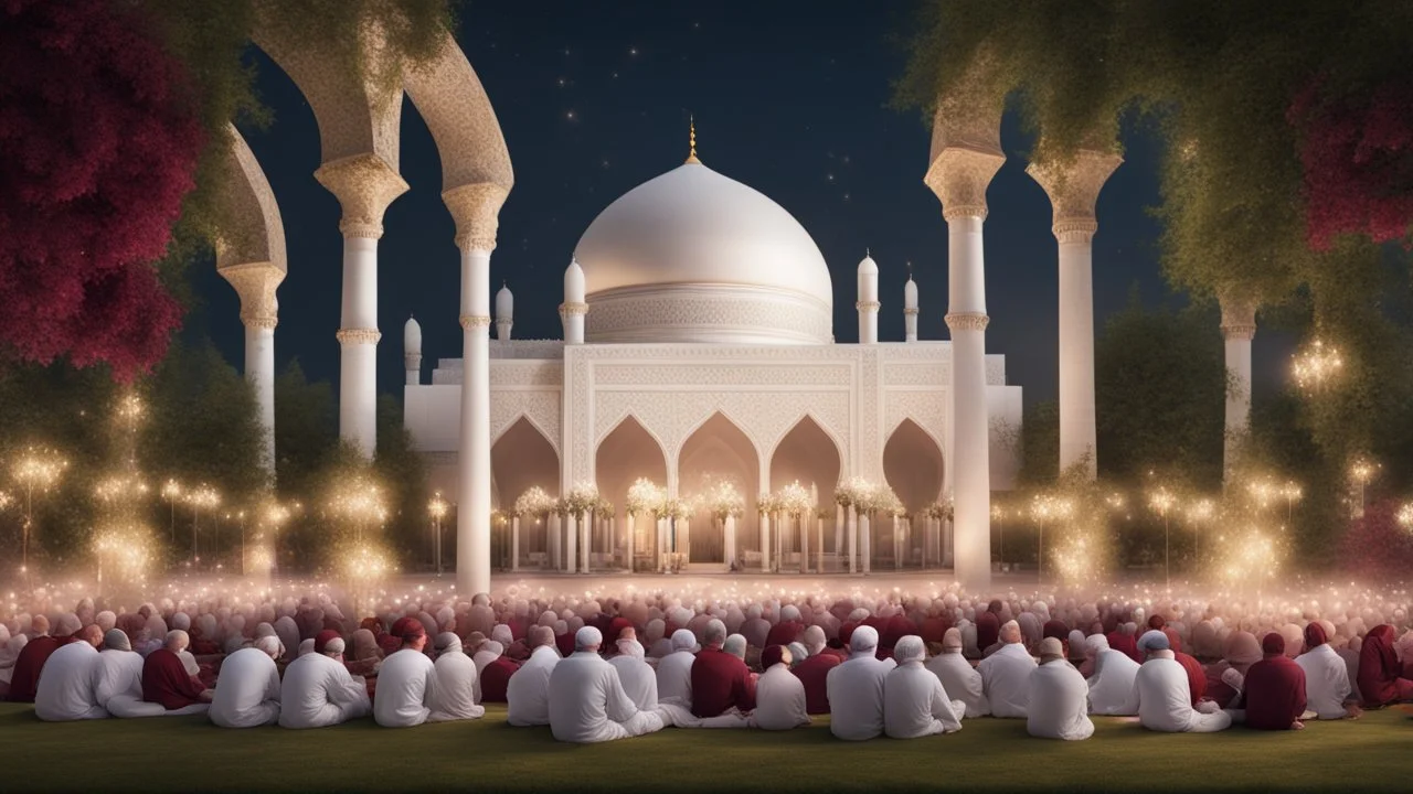 Hyper Realistic lots of men praying outside a Beautiful-Huge-White-&-Maroon Mosque in a beautiful garden with grass-arches, Ramadan-Light-Decorations including flowers & garland-lights with garden-lamps showing dramatic-&-cinematic-ambiance at night