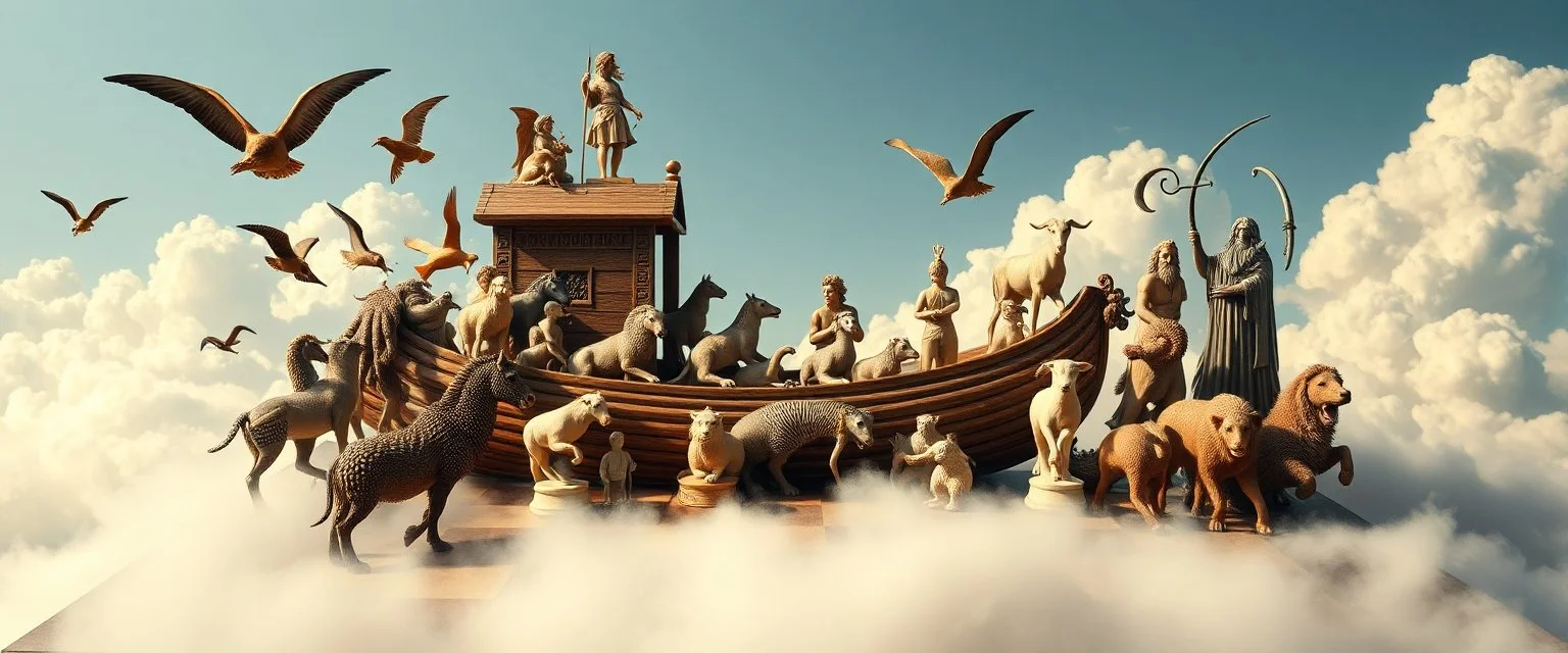chess board full of animals instead of pieces, clouds under board, noah and the ark, greek pantheon