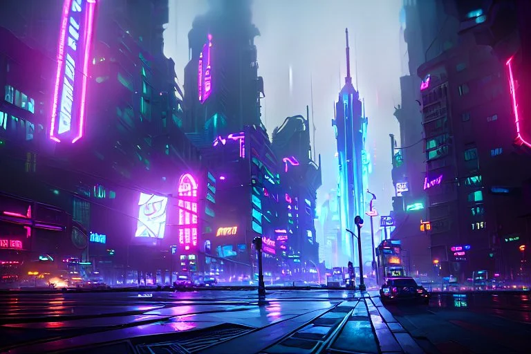 Cyberpunk district with giant foggy skyscarpers, cars, FoV: 100, HD, Unreal Engine 4, heavy rain, rainy streets reflection, neon signs, low contrast, grainy, less color, titanfall,