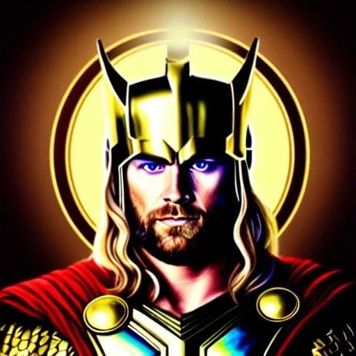 ultra detailed fullbody Portrait in oil on canvas of Thor with Asgardian Golden Armor ,extremely detailed digital painting, extremely detailed face,crystal clear Big Glowing eyes, mystical colors , perfectly centered image, perfect composition, rim light, beautiful lighting, 8k, stunning scene,extremely sharp detail, finely tuned detail, ultra high definition raytracing, in the style of robert e howard and pablo oliveira and Ken Kelley and Ohrai Noriyoshi and Simon Bisley