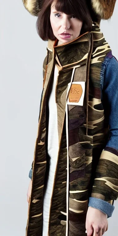 Image shows wholly a Brunette. average body type. Mantle is sewed of recycled Denim and sewed together of camouflage pieces. Camouflage colors are orange,terracotta, cream and purple. Cream latex gaiter. Big bright purple/khaki felt tippet and cream or blue or lilac colored-hood. mantle is merged with satchel. . AKG-style headphones (gold rings!) is merged with small felt cap with small visor. Style: Haute Couture in 1936, Paris fashion in 2023. More yellow(Munsell)!!!